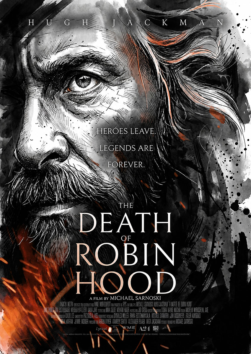 Cinematic artwork featuring a gritty portrait of Hugh Jackman for the film The Death of Robin Hood with ink-wash details